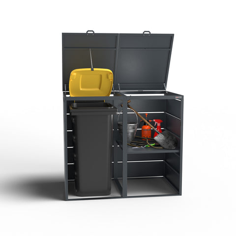 BIO Stefan Dagobert garbage bin box with garden tools and garbage bin, lid open.