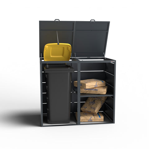 Garbage bin box DagobertShelf with open lid and yellow garbage bin lid.