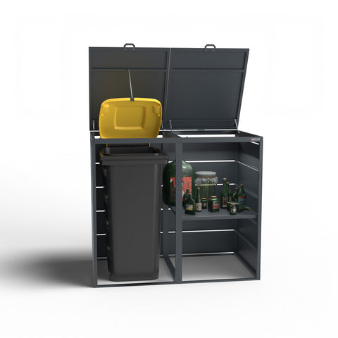 Garbage bin box Dagobert by BIO Stefan with open lid and bottle rack.