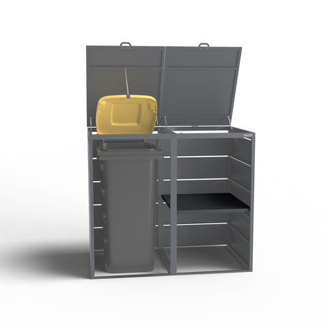 Empty BIO Stefan Dagobert garbage bin box with open compartment and yellow lid.