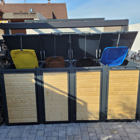 BIO Stefan garbage bin box for four bins with open lids in yellow, brown, and blue.