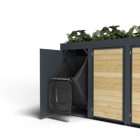 BIO Stefan Holzmichl garbage bin box with plant roof and open door.