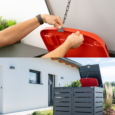 Alubert bin box with open lid and chain in front of a modern house.