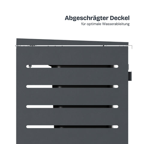 Alubert garbage bin box with slanted lid for optimal water drainage.
