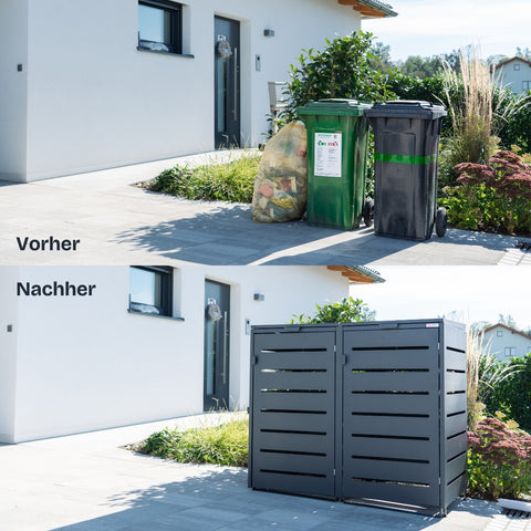Before-and-after comparison of an Alubert trash bin box from BIO Stefan in front of a house.