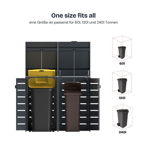 Alubert garbage bin box for 60l, 120l, and 240l bins with chain lock.