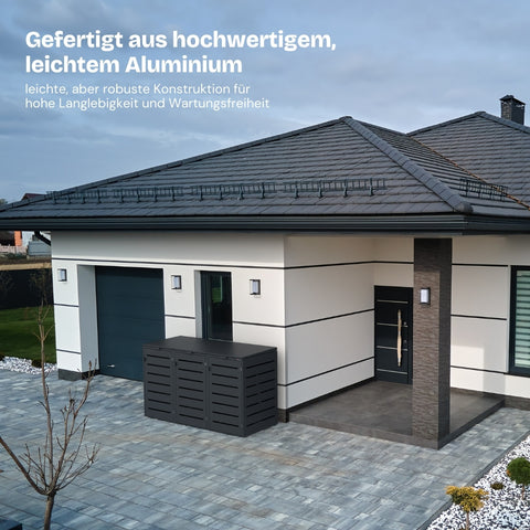 Trash bin box made of lightweight aluminum in front of a modern house.