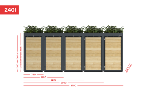 BIO Stefan garbage bin box with plant roof, dimensions for 240L boxes, five units side by side.