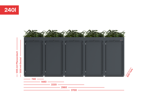 Cutie pentru tomberoane Stahlfred de la BIO Stefan pentru 240L cu acoperiș pentru plante și dimensiuni.