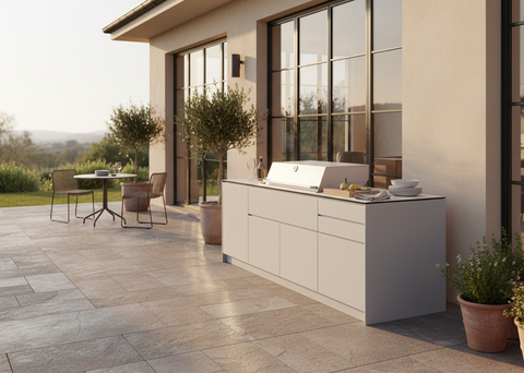 BIO Stefan outdoor kitchen Mia on a sunny terrace.