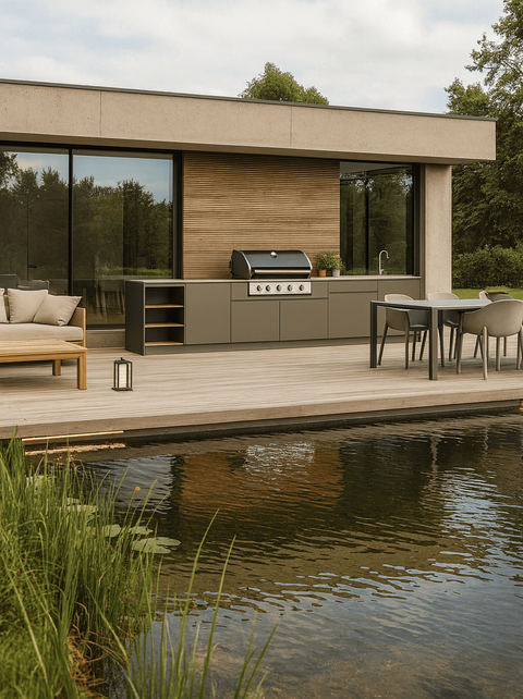 BIO Stefan Outdoorküche mit Grill und Sitzbereich an einem Teich.