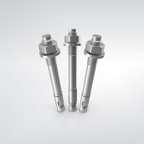 Three silver screws stand upright against a white background.