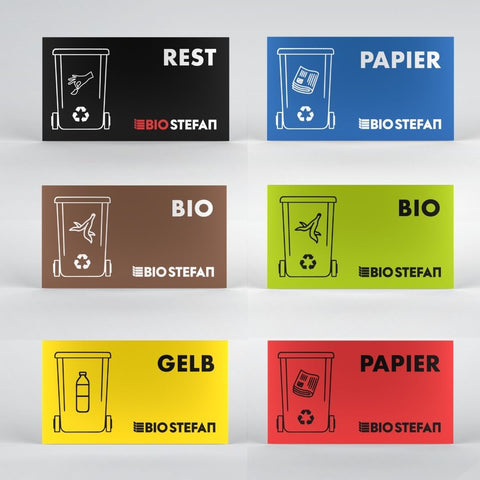 Etichete pentru sortarea deșeurilor (Rezidual, Hârtie, Bio, Galben) de la Bio Stefan.