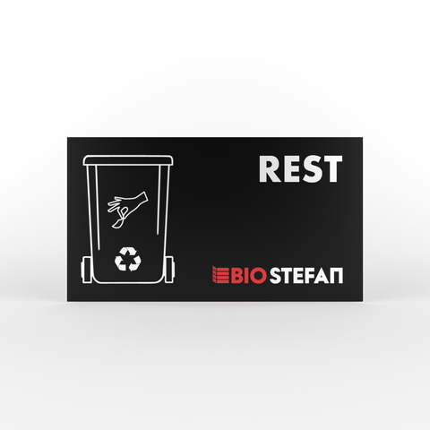 Fundal negru cu tomberoană albă, textul REST și logo-ul BIO STEFAN.