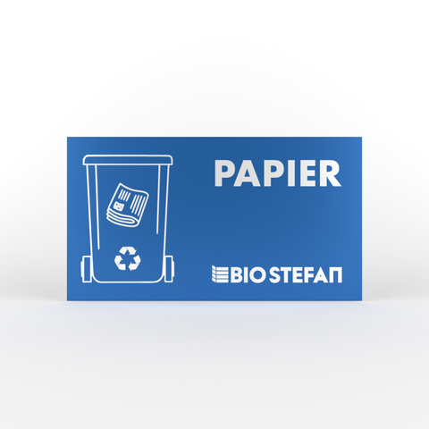 Tablă albastră cu coș de gunoi pentru hârtie și logo-ul BIO STEFAN.