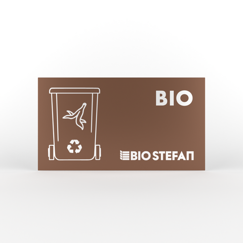 Logo BIO Steven pe fundal maro cu pictogramă de coș de gunoi și simbol de reciclare.