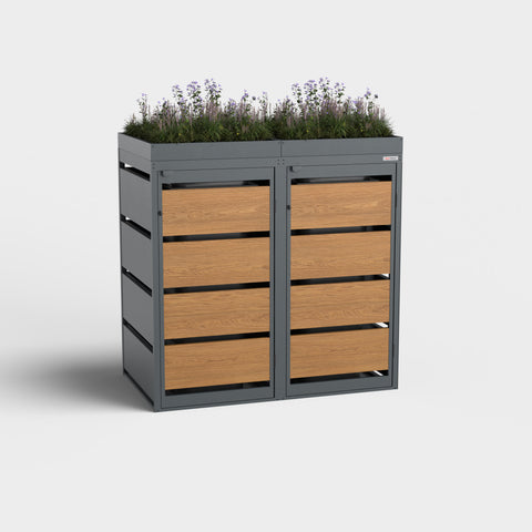 Box pour poubelles Dagobert 120L en chêne doré avec toit végétalisé.