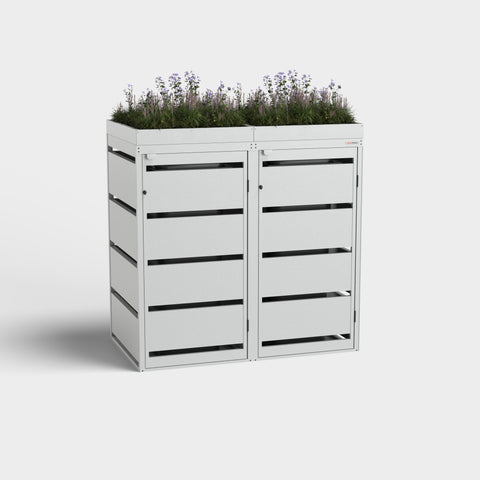 Dagobert box pour poubelles 2 bacs 120L RAL7035 avec toit végétalisé.