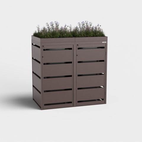 Box pour poubelles Dagobert 2 bacs 120L RAL8017 avec toit végétalisé.
