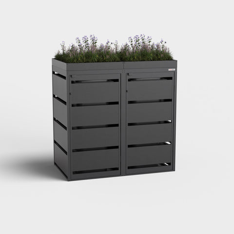 Box pour poubelles Dagobert 2 bacs 120L RAL9005 avec toit végétalisé.