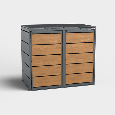 Box pour poubelles Dagobert 2 bacs 240L en chêne doré avec cadre RAL 7016.