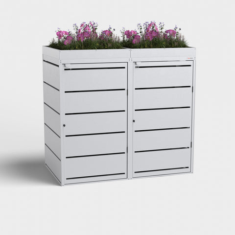 Box pour poubelles Dagobert 2 bacs 240L RAL9006 avec toit végétalisé.