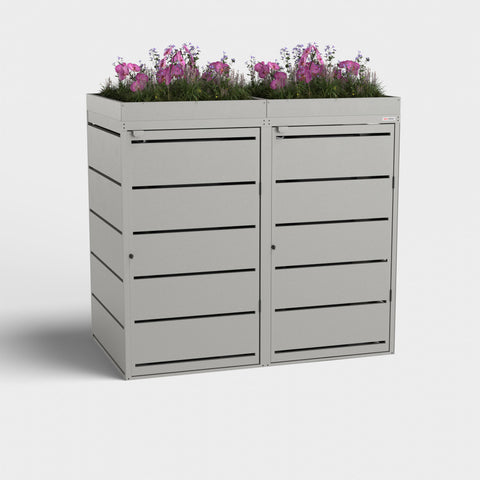 Box pour poubelles Dagobert 240L avec toit végétalisé et revêtement gris.