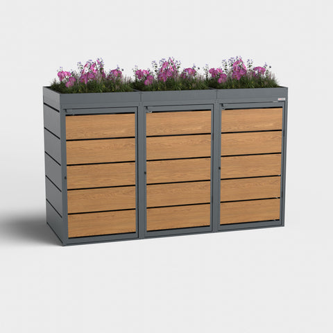 Soptunnabox Dagobert 3 boxar i gyllene ek med planteringsdäck, RAL7016.