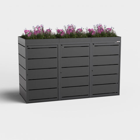 Dagobert 3 boxar soptunnabox 240L RAL9005 med växttak och lila blommor.