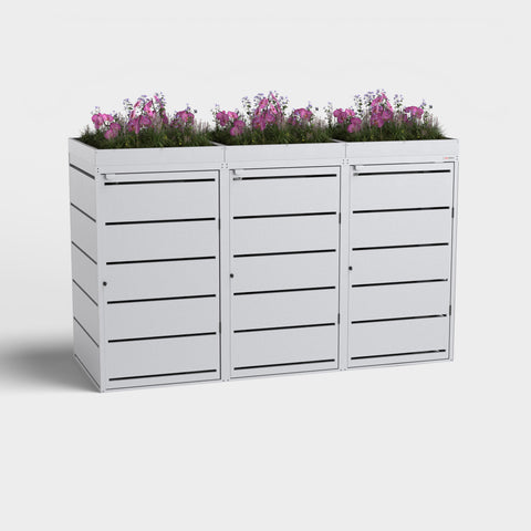 Soptunnabox Dagobert 3 boxar, 240L, med växttak och blommor.