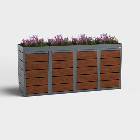 Dagobert Mülltonnenbox 4er 240 Liter Holzoptik Dunkle Eiche mit Pflanzdach