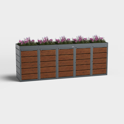 Dagobert Mülltonnenbox 5er 240 Liter Holzoptik Dunkle Eiche mit Pflanzdach