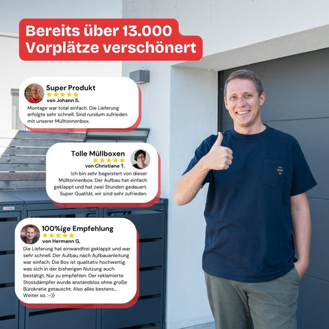 En man står leende med tummen upp framför Bio Stefan Dagobert Mülltonnenbox.