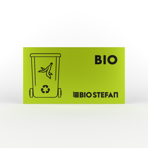 Placă verde cu pubela pentru deșeuri bio și logo-ul BIO STEFAN.
