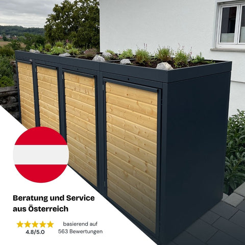 Holzmichl garbage bin box with plant roof, developed in Austria.
