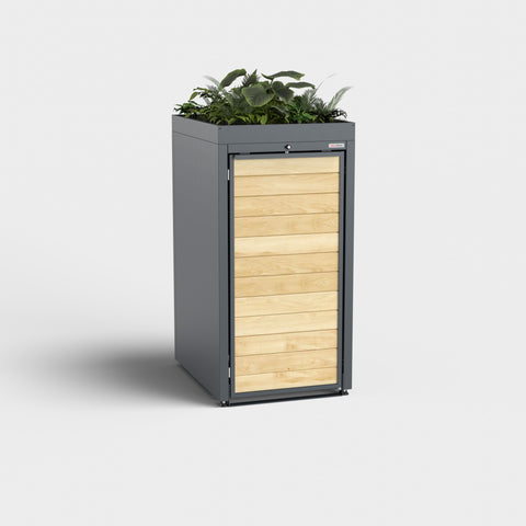 Mülltonnenbox Holzmichl RAL7016 mit Pflanzdach aus Holz und Metall.