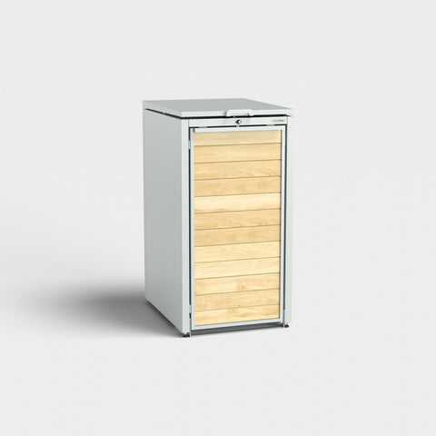 Garbage bin box Holzmichl 1 in RAL7035 gray with wood paneling.