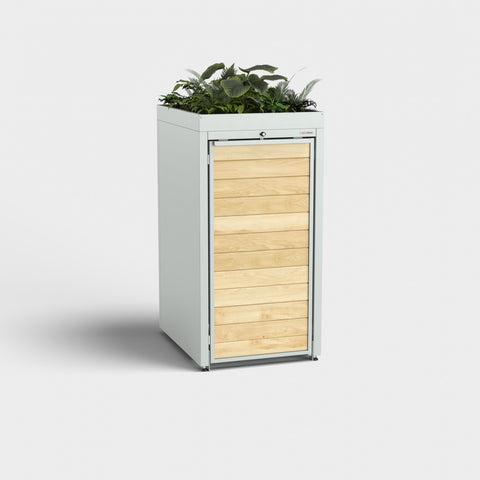 Garbage bin box Holzmichl in RAL7035 with plant roof.