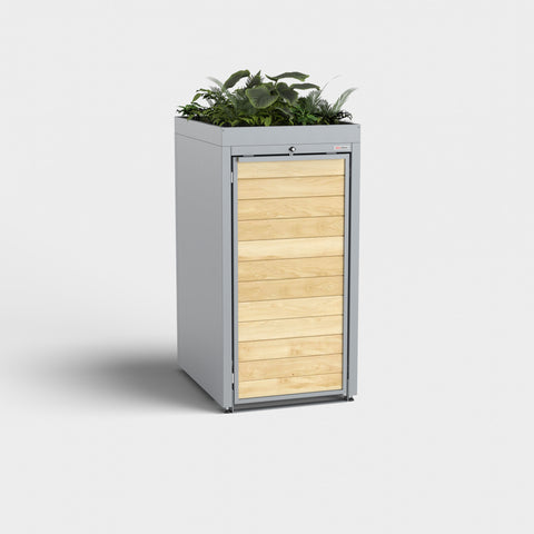 Gray Holzmichl garbage bin box with plant roof from BIO Stefan.