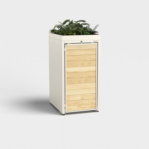 Holzmichl garbage bin box RAL9001 with plant roof, vertically oriented.
