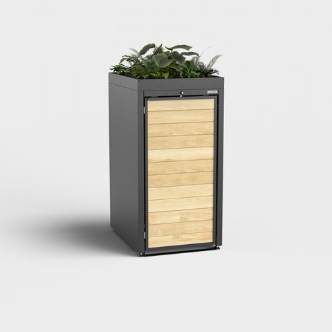 Black garbage bin box with wooden front and green roof RAL9005.