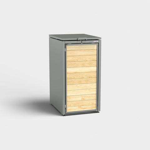 Holzmichl garbage bin box, model RAL9007, with wooden cladding and metal frame.