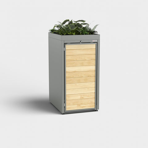 BIO Stefan garbage bin box Holzmichl 1 RAL9007 with plant roof.