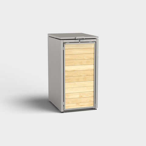 Modern garbage bin box Holzmichl 1 in White RAL9010 with wooden front.