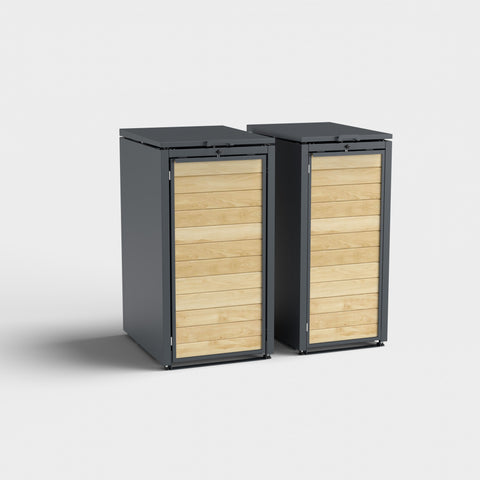 Two differently sized trash bin boxes from BIO Stefan made of wood and metal.