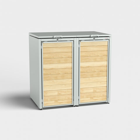 Vuilnisbakkenbox van hout en staal in RAL7035 van BIO Stefan.