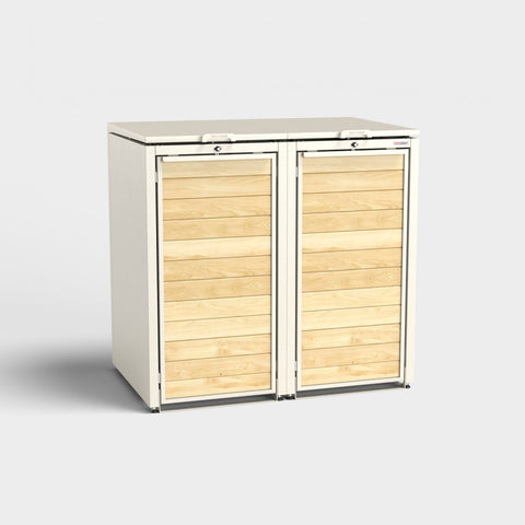Box voor vuilnisbakken Holzmichl 2 in RAL9001 met houtlook en twee deuren.