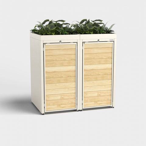 Twee-vuilnisbakkenbox Holzmichl met plantendak in RAL9001.