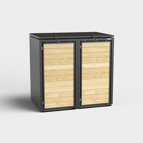Dubbele afvalcontainer Holzmichl in zwart met houten bekleding, RAL9005.