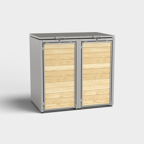 Dubbele afvalcontainer Holzmichl in grijs met houten fronten van BIO Stefan.